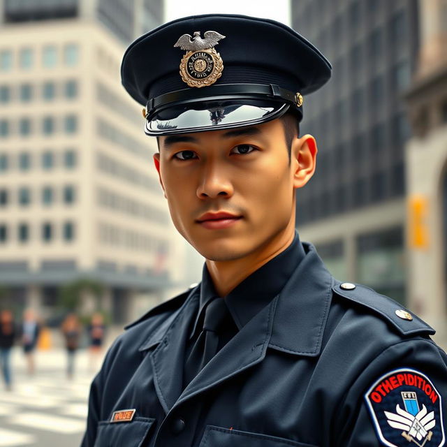 A handsome police officer with a mixed Chinese and American ethnicity, showcasing striking features that reflect both heritages, in a confident and authoritative pose