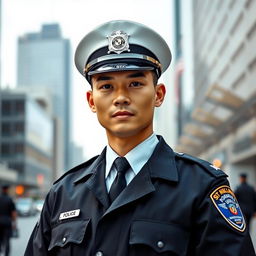 A handsome police officer with a mixed Chinese and American ethnicity, showcasing striking features that reflect both heritages, in a confident and authoritative pose