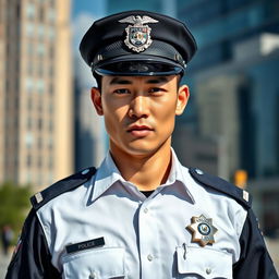 A handsome police officer with a mixed Chinese and American ethnicity, showcasing striking features that reflect both heritages, in a confident and authoritative pose