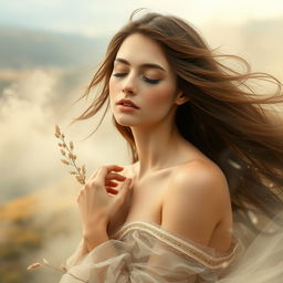 a portrait of a beautiful young woman with long flowing hair and an elegant pose, surrounded by ethereal mist and soft natural elements