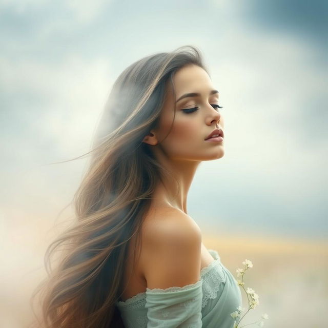 a portrait of a beautiful young woman with long flowing hair and an elegant pose, surrounded by ethereal mist and soft natural elements