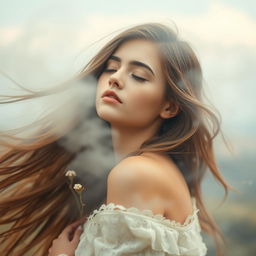 a portrait of a beautiful young woman with long flowing hair and an elegant pose, surrounded by ethereal mist and soft natural elements