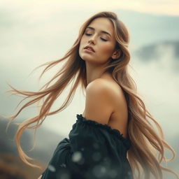 a portrait of a beautiful young woman with long flowing hair and an elegant pose, surrounded by ethereal mist and soft natural elements