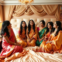 five beautiful Indian women in a cozy bedroom setting, surrounded by luxurious silk sheets and elegant decor