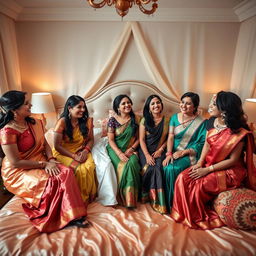 five beautiful Indian women in a cozy bedroom setting, surrounded by luxurious silk sheets and elegant decor