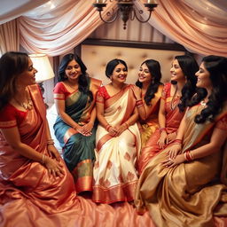 five beautiful Indian women in a cozy bedroom setting, surrounded by luxurious silk sheets and elegant decor