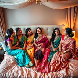 five beautiful Indian women in a cozy bedroom setting, surrounded by luxurious silk sheets and elegant decor