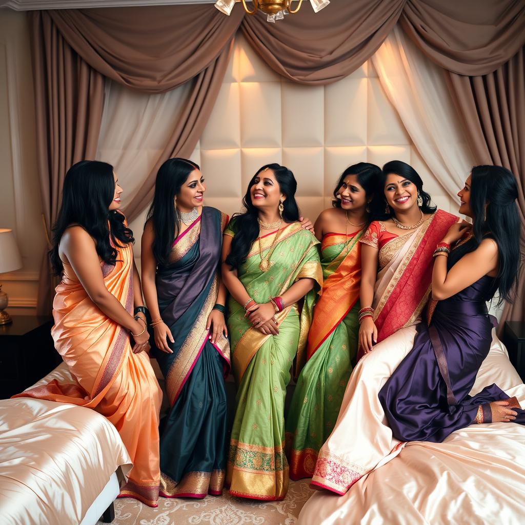 five beautiful Indian women in a cozy bedroom setting, surrounded by luxurious silk sheets and elegant decor