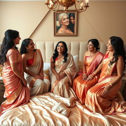 five beautiful Indian women in a cozy bedroom setting, surrounded by luxurious silk sheets and elegant decor