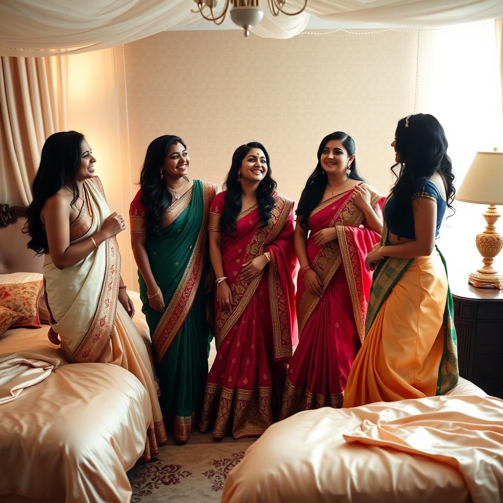 five beautiful Indian women in a cozy bedroom setting, surrounded by luxurious silk sheets and elegant decor