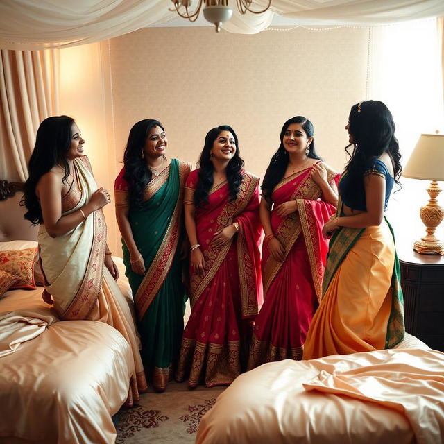 five beautiful Indian women in a cozy bedroom setting, surrounded by luxurious silk sheets and elegant decor