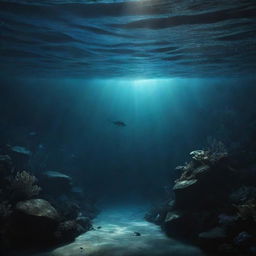 Depict a deep, dark underwater scene. Incorporate subtle shadows and differential lighting to add mystery and depth. Imagine how sunlight might refract through the water's surface, offering the only illumination in this foreboding realm.