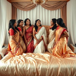 five beautiful Indian women in a cozy bedroom setting, surrounded by luxurious silk sheets and elegant decor