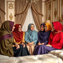 five elegant women wearing colorful hijabs, sitting together in a beautifully decorated bedroom with luxurious linens and intricate designs