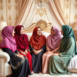 five elegant women wearing colorful hijabs, sitting together in a beautifully decorated bedroom with luxurious linens and intricate designs