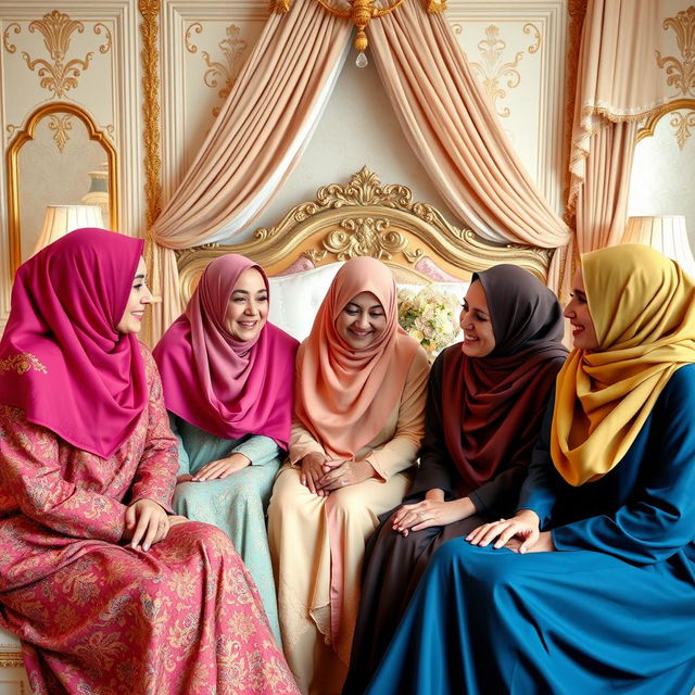 five elegant women wearing colorful hijabs, sitting together in a beautifully decorated bedroom with luxurious linens and intricate designs