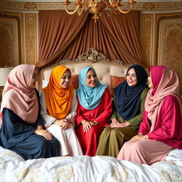 five elegant women wearing colorful hijabs, sitting together in a beautifully decorated bedroom with luxurious linens and intricate designs