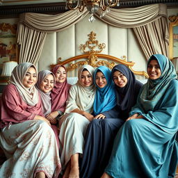 A group of five elegant women wearing beautiful and colorful hijabs, lounging together in a lavishly decorated bedroom