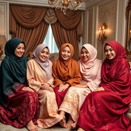 A group of five elegant women wearing beautiful and colorful hijabs, lounging together in a lavishly decorated bedroom