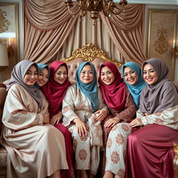 A group of five elegant women wearing beautiful and colorful hijabs, lounging together in a lavishly decorated bedroom