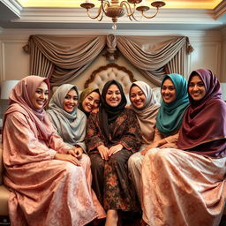 A group of five elegant women wearing beautiful and colorful hijabs, lounging together in a lavishly decorated bedroom