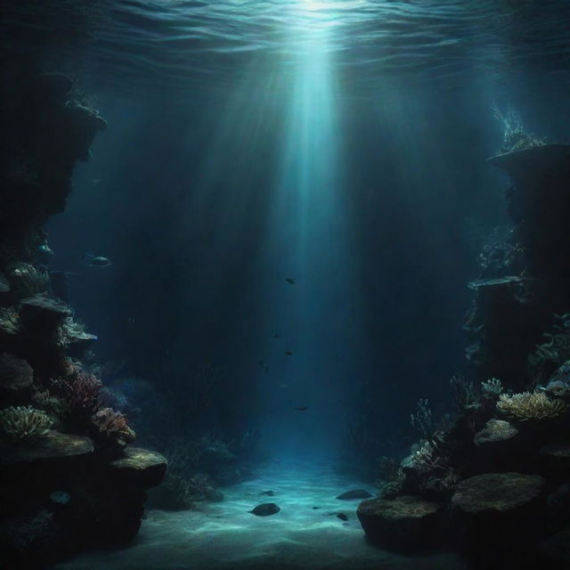 Depict a deep, dark underwater scene. Incorporate subtle shadows and differential lighting to add mystery and depth. Imagine how sunlight might refract through the water's surface, offering the only illumination in this foreboding realm.