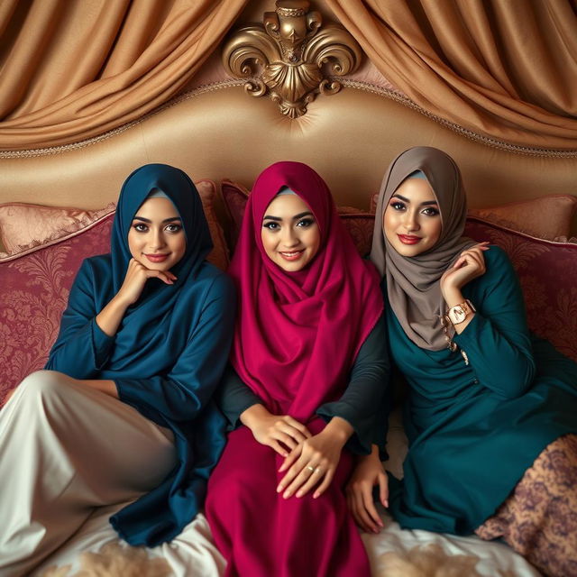 Three elegant women wearing vibrant hijabs are lounging on a luxurious bed, surrounded by opulent fabrics and cushions