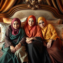 Three elegant women wearing vibrant hijabs are lounging on a luxurious bed, surrounded by opulent fabrics and cushions