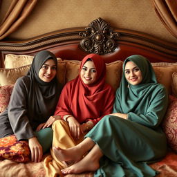 Three elegant women wearing vibrant hijabs are lounging on a luxurious bed, surrounded by opulent fabrics and cushions