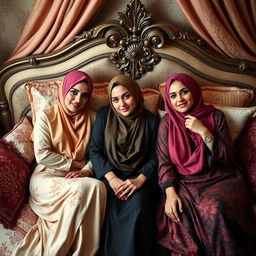 Three elegant women wearing vibrant hijabs are lounging on a luxurious bed, surrounded by opulent fabrics and cushions