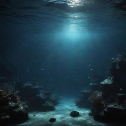 Depict a deep, dark underwater scene. Incorporate subtle shadows and differential lighting to add mystery and depth. Imagine how sunlight might refract through the water's surface, offering the only illumination in this foreboding realm.