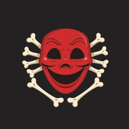 A 2D illustration of a red mask featuring a big, cheerful smile and deep black eyes, adorned with bones arranged in an X pattern surrounding it