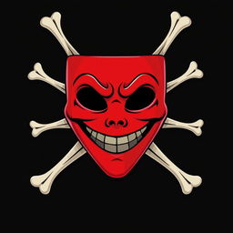 A 2D illustration of a red mask featuring a big, cheerful smile and deep black eyes, adorned with bones arranged in an X pattern surrounding it