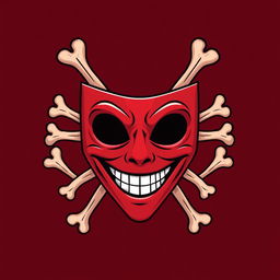 A 2D illustration of a red mask featuring a big, cheerful smile and deep black eyes, adorned with bones arranged in an X pattern surrounding it