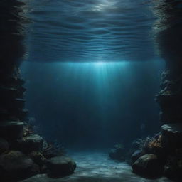 Depict a deep, dark underwater scene. Incorporate subtle shadows and differential lighting to add mystery and depth. Imagine how sunlight might refract through the water's surface, offering the only illumination in this foreboding realm.