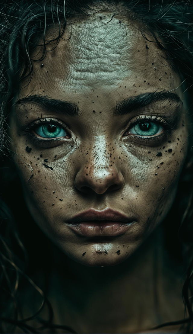 A Yousuf Karsh-style photograph of a 26-year-old woman with a symmetrical face, intense, angry green eyes, highly detailed textured skin with visible pores, thick eyelashes, and detailed hair.