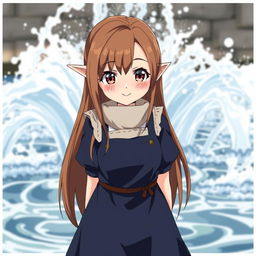 A tall dwarf woman with long brown hair and brown eyes, wearing an apron over a navy blue dress