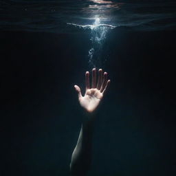 In deep, dark waters, a person is drowning. Illustrate just their desperate hand breaking the water's surface, reaching up towards the vague light refracting from above. create this scene suspenseful but without emphasis on the violent aspect.