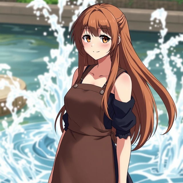 A tall, very big woman with long brown hair and brown eyes, standing solo and smiling as she looks directly at the viewer