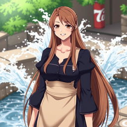 A tall, very big woman with long brown hair and brown eyes, standing solo and smiling as she looks directly at the viewer