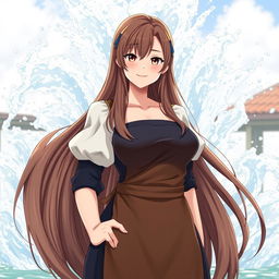 A tall, very big woman with long brown hair and brown eyes, standing solo and smiling as she looks directly at the viewer