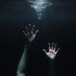 In deep, dark waters, a person is drowning. Illustrate just their desperate hand breaking the water's surface, reaching up towards the vague light refracting from above. create this scene suspenseful but without emphasis on the violent aspect.