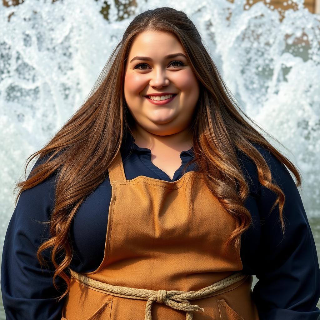 A tall, very chubby and thick woman with long brown hair and brown eyes, smiling warmly while looking directly at the viewer