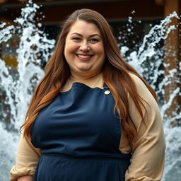 A tall, very chubby and thick woman with long brown hair and brown eyes, smiling warmly while looking directly at the viewer