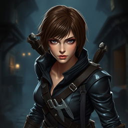 A 25-year-old female human rogue assassin, featuring short brown hair