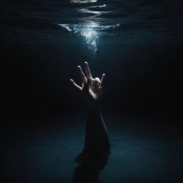 In deep, dark waters, a person is drowning. Illustrate just their desperate hand breaking the water's surface, reaching up towards the vague light refracting from above. create this scene suspenseful but without emphasis on the violent aspect.