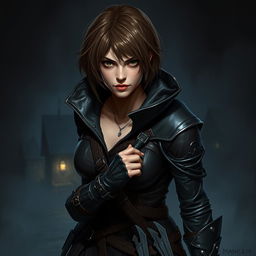 A 25-year-old female human rogue assassin, featuring short brown hair