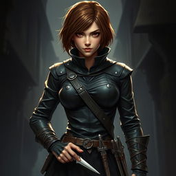 A 25-year-old female human rogue assassin, featuring short brown hair