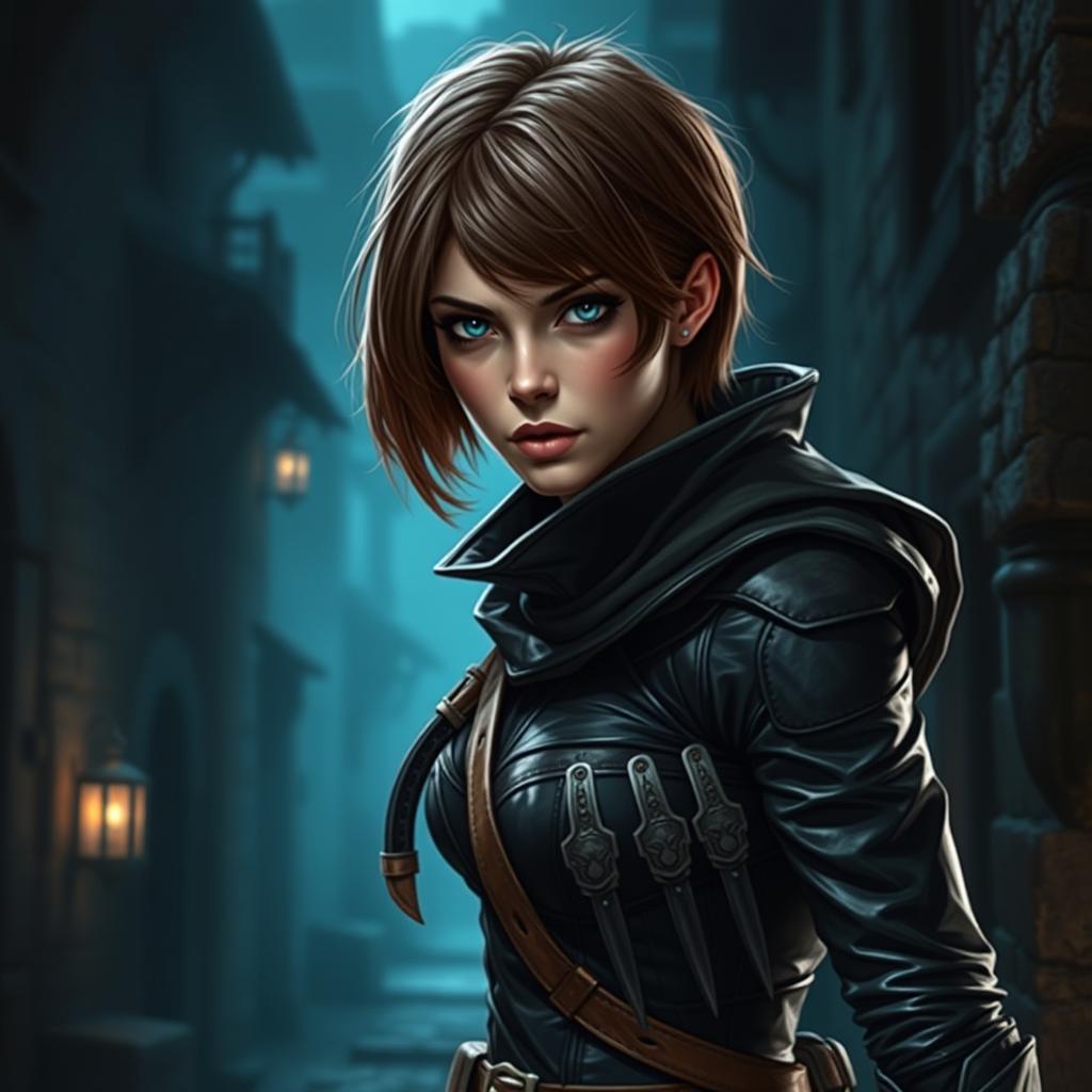 A 25-year-old female human rogue assassin, featuring short brown hair