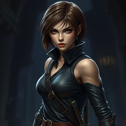 A 25-year-old female human rogue assassin, featuring short brown hair and captivating brown eyes